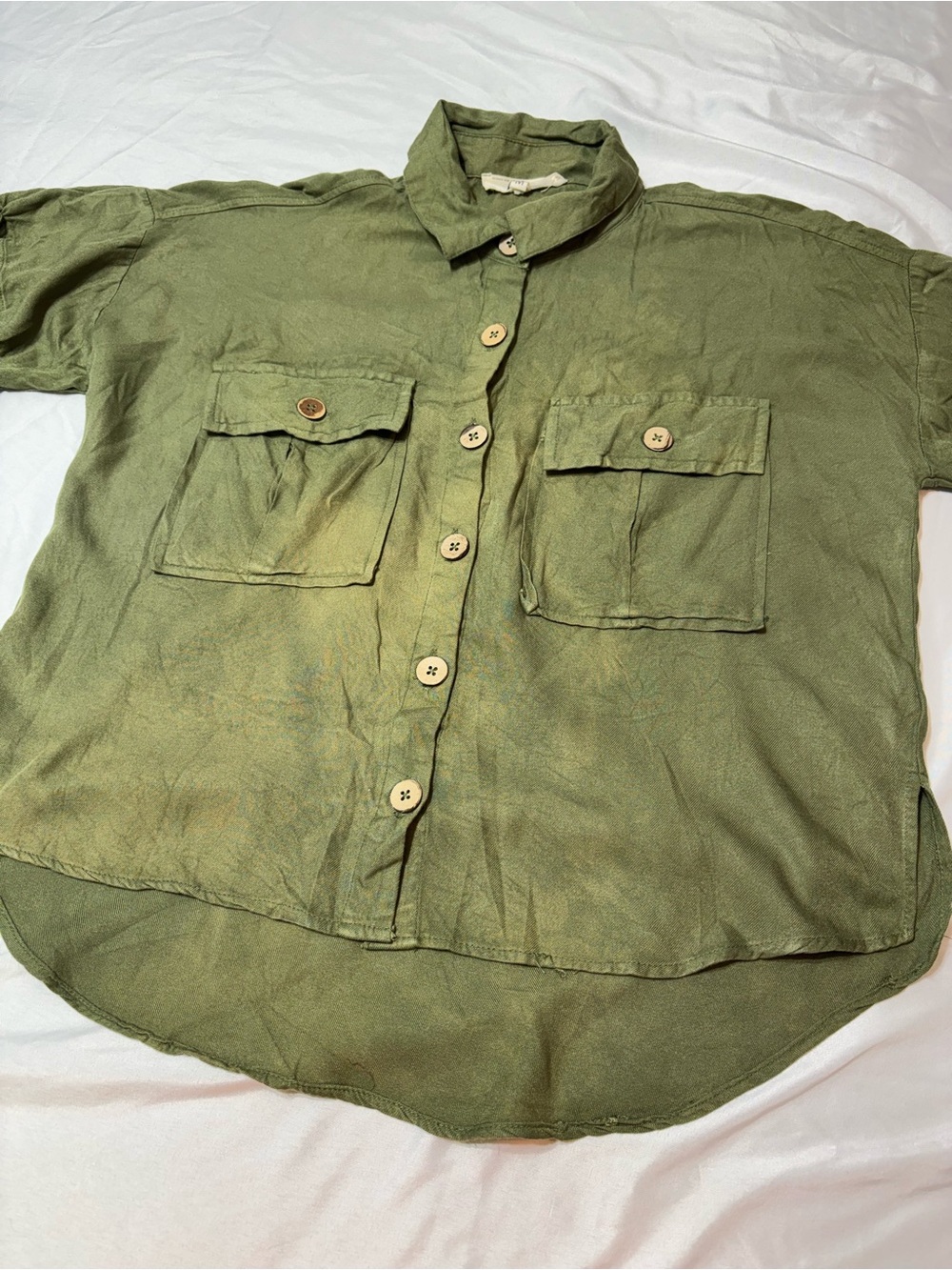 Hint of Blush Utility Shirt Women M Army Green Rayon Petal Short Sleeve Blouse